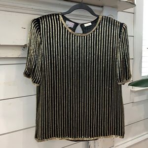 Medium VINTAGE 80’s Beaded Black Silver & Gold Top